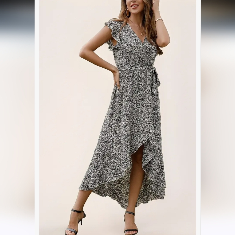 Grecerelle Brown Floral Flutter Sleeve Boho Maxi Dress Size M